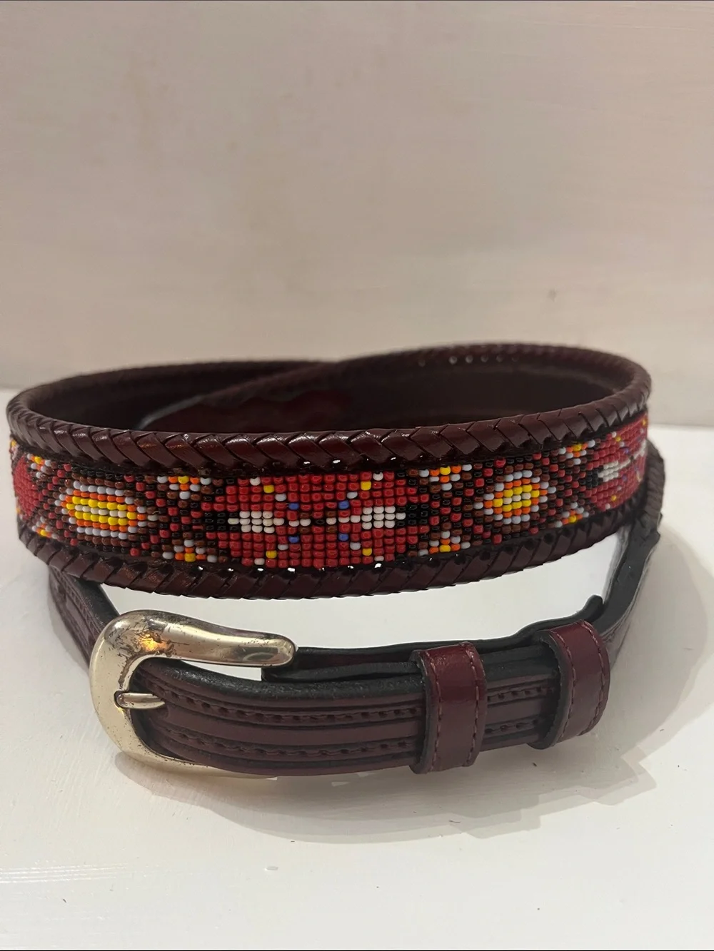 Leather Belt Beaded & Hand Tooled